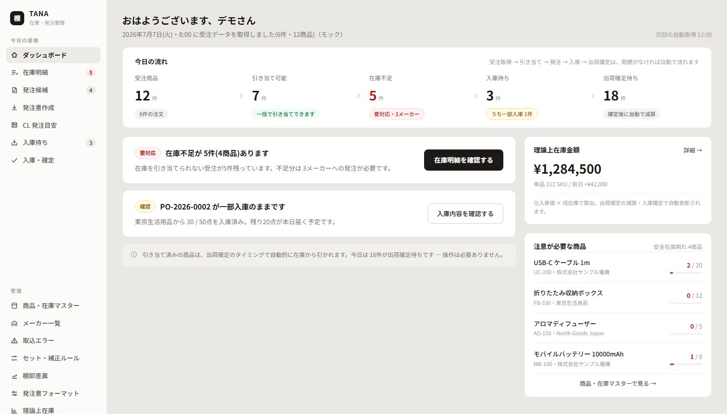TANA の在庫一覧画面。商品ごとの在庫数と発注の要否